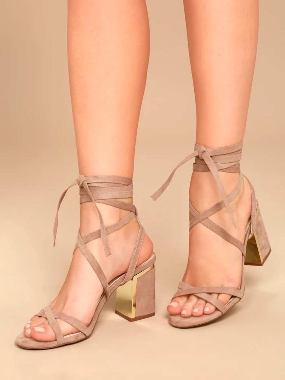 Lulu's Taupe Suede Lace-Up Block Heels with Gold Accent